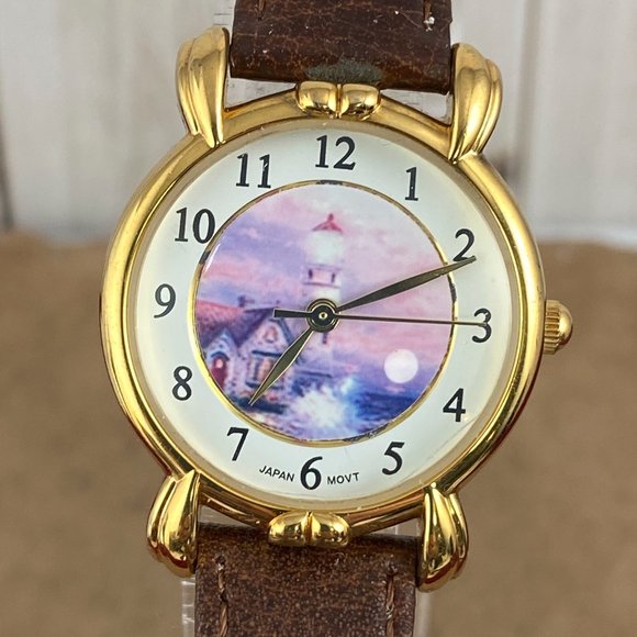 Vintage Thomas Kinkade Light Tower Seascape Print Watch with Gold Hands - Picture 1 of 8